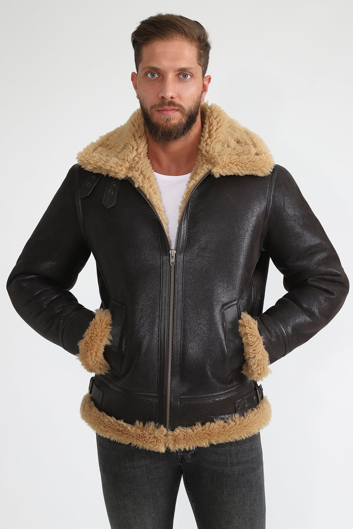 Men's Shearling Aviator Jacket, Vintage Brown with Ginger Curly Wool