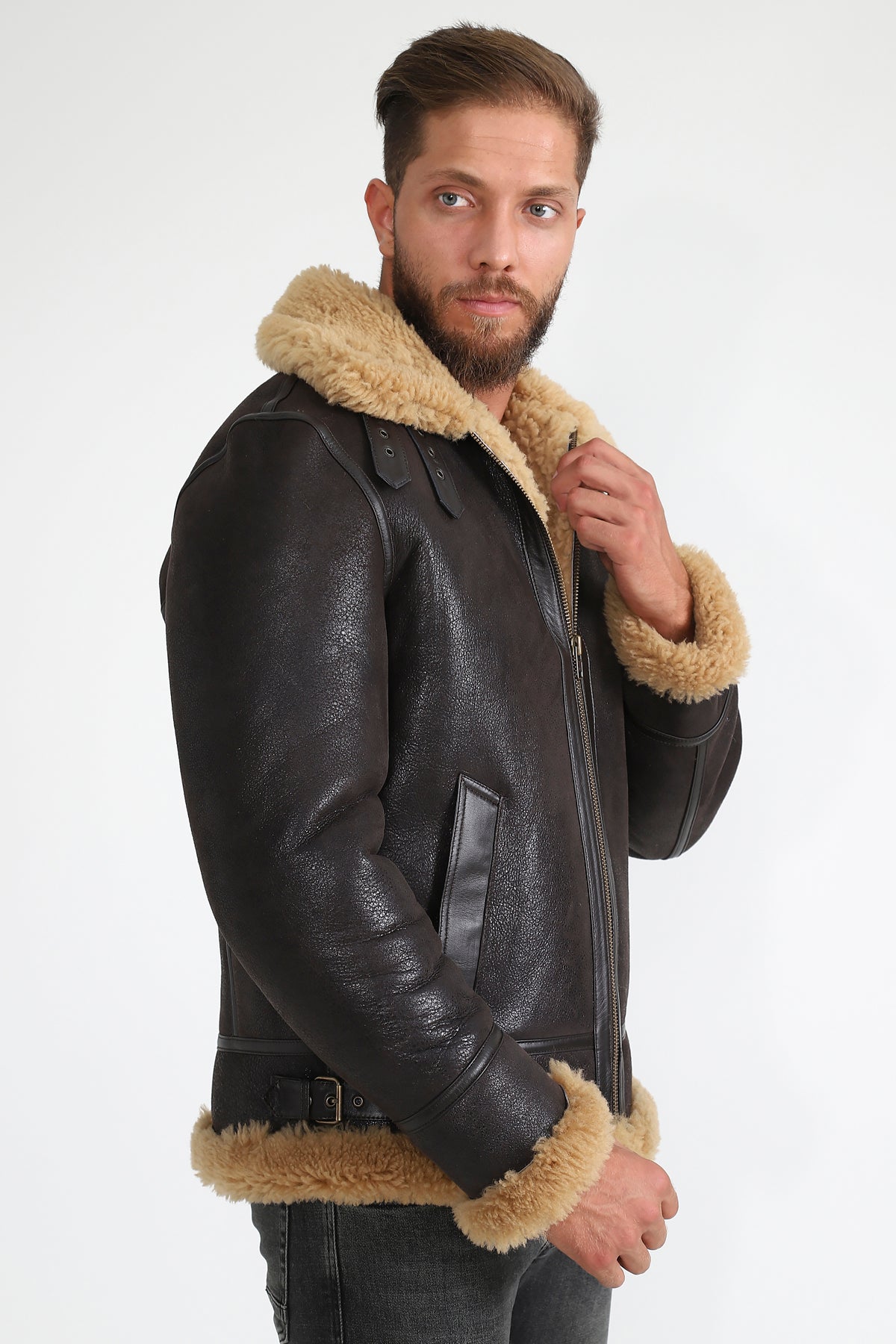 Men's Shearling Aviator Jacket, Vintage Brown with Ginger Curly Wool