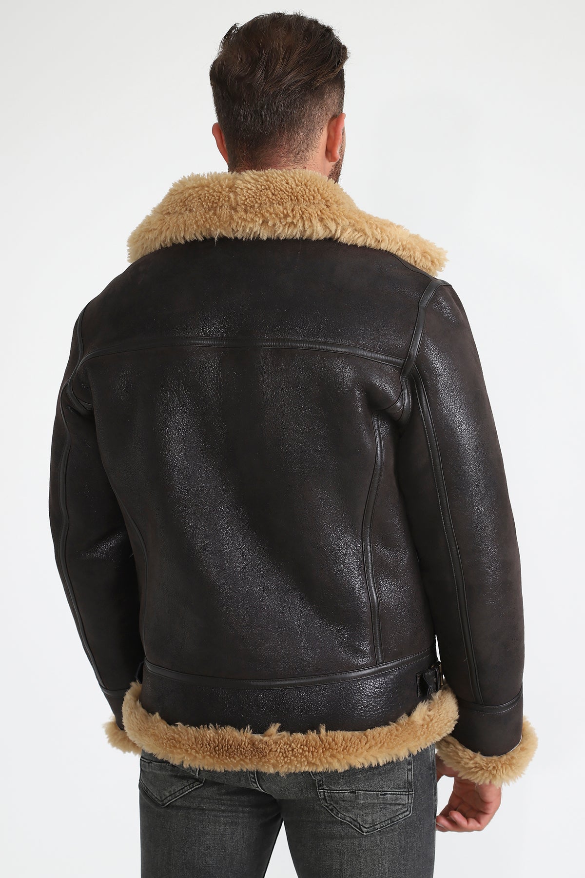 Men's Shearling Aviator Jacket, Vintage Brown with Ginger Curly Wool