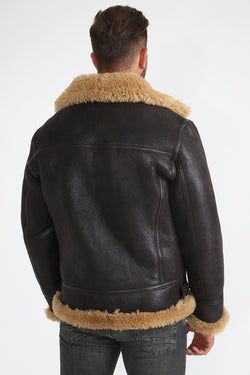 Image of Men's Shearling Aviator Jacket, Vintage Brown with Ginger Curly Wool