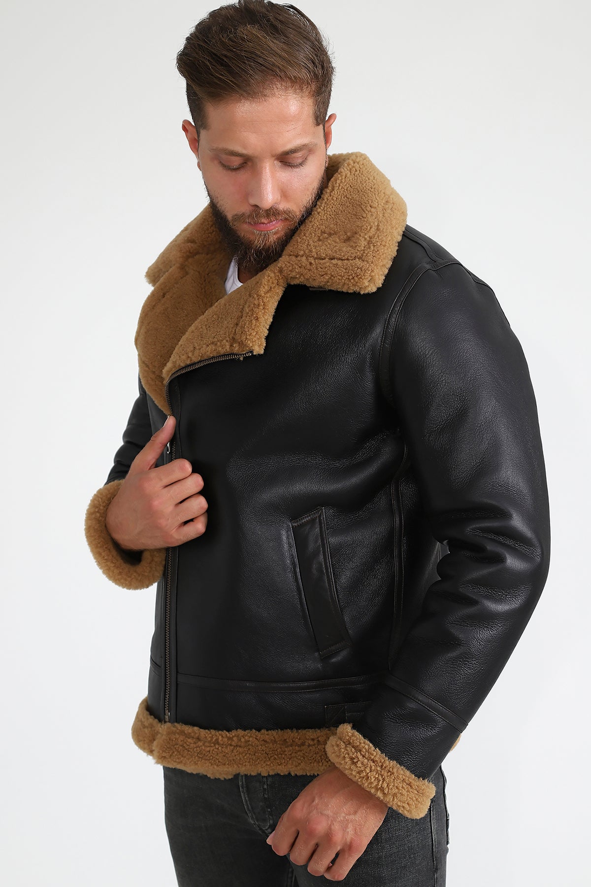 Men's Shearling Biker Jacket, Silky Brown with Ginger Curly Wool