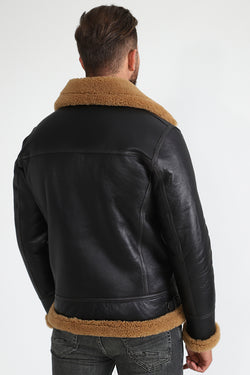 Image of Men's Shearling Biker Jacket, Silky Brown with Ginger Curly Wool