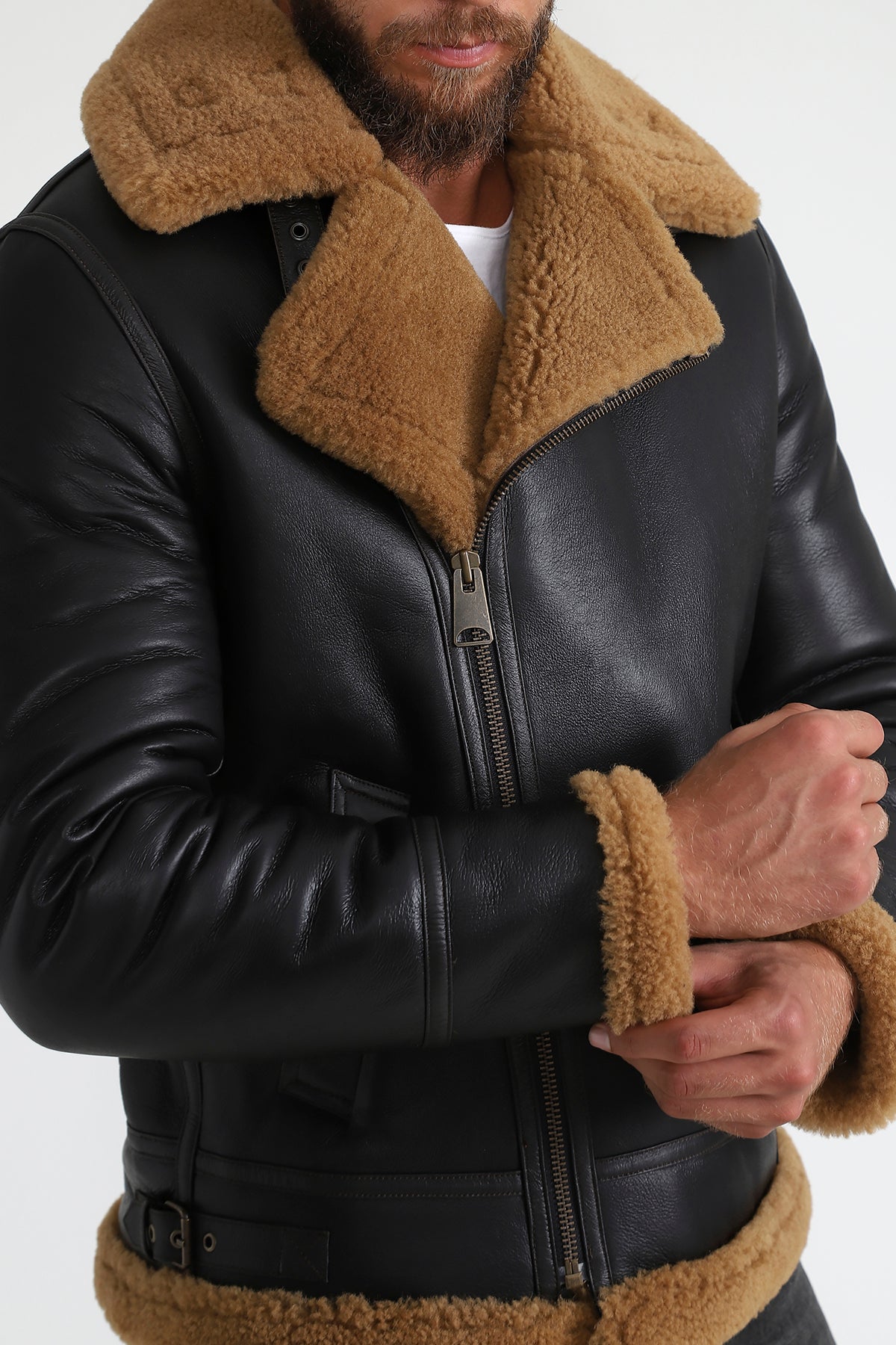 Men's Shearling Biker Jacket, Silky Brown with Ginger Curly Wool