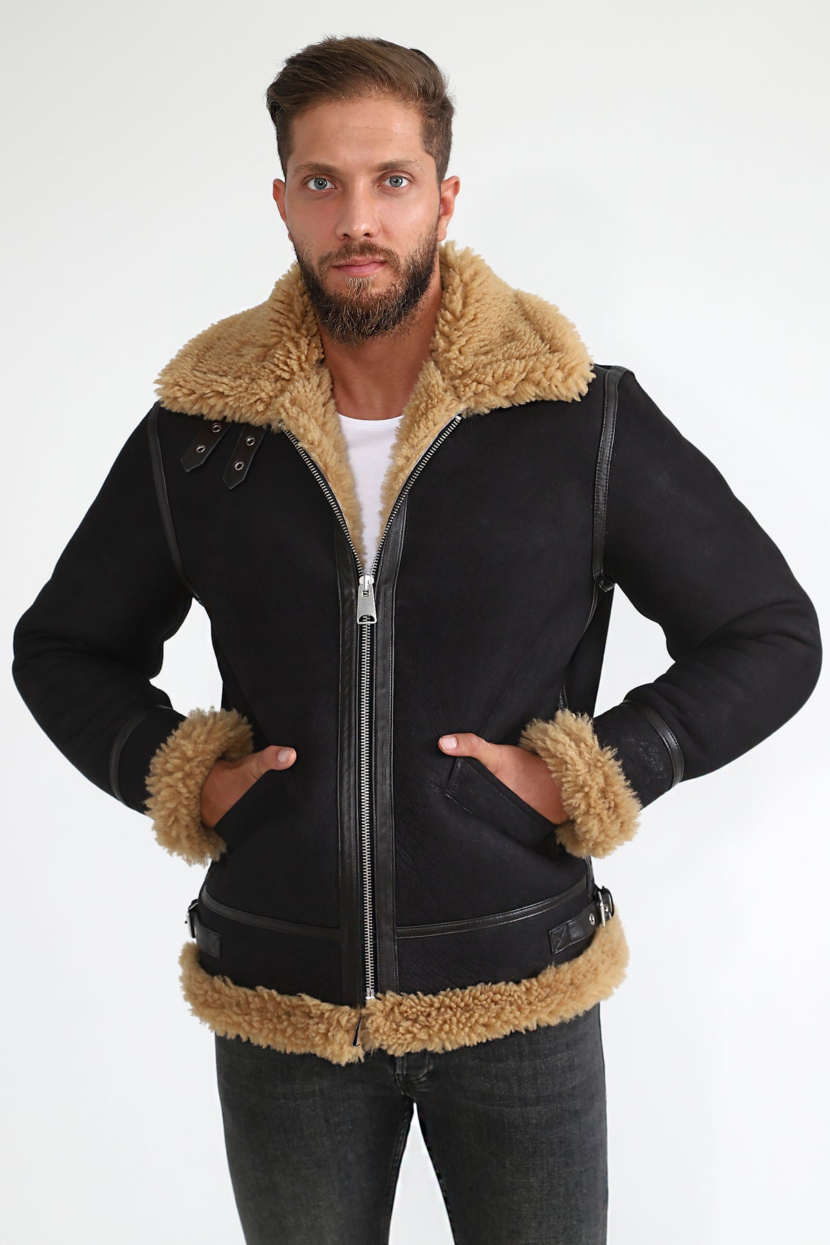 Men's Shearling Aviator Jacket, Washed Brown with Ginger Curly Wool