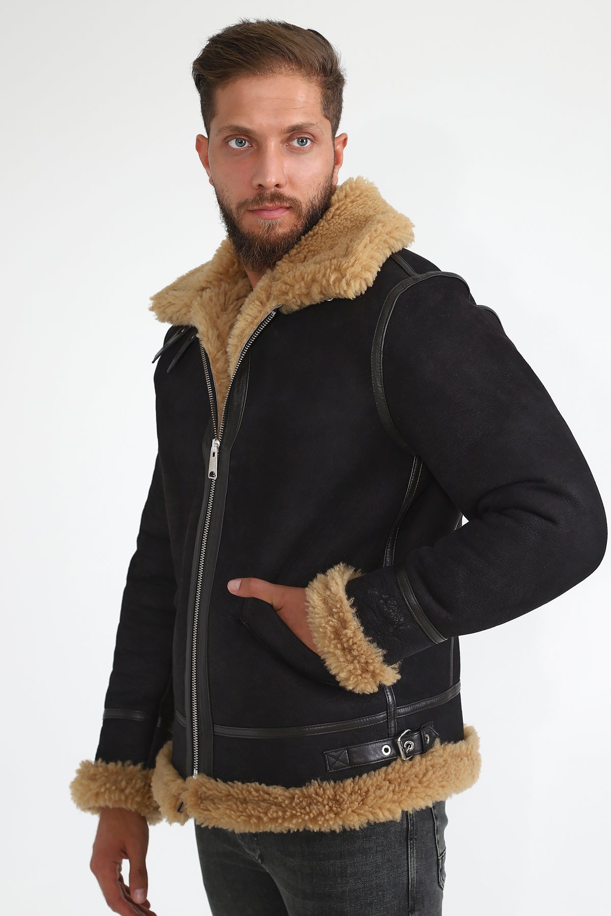 Men's Shearling Aviator Jacket, Washed Brown with Ginger Curly Wool