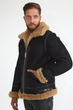 Image of Men's Shearling Aviator Jacket, Washed Brown with Ginger Curly Wool