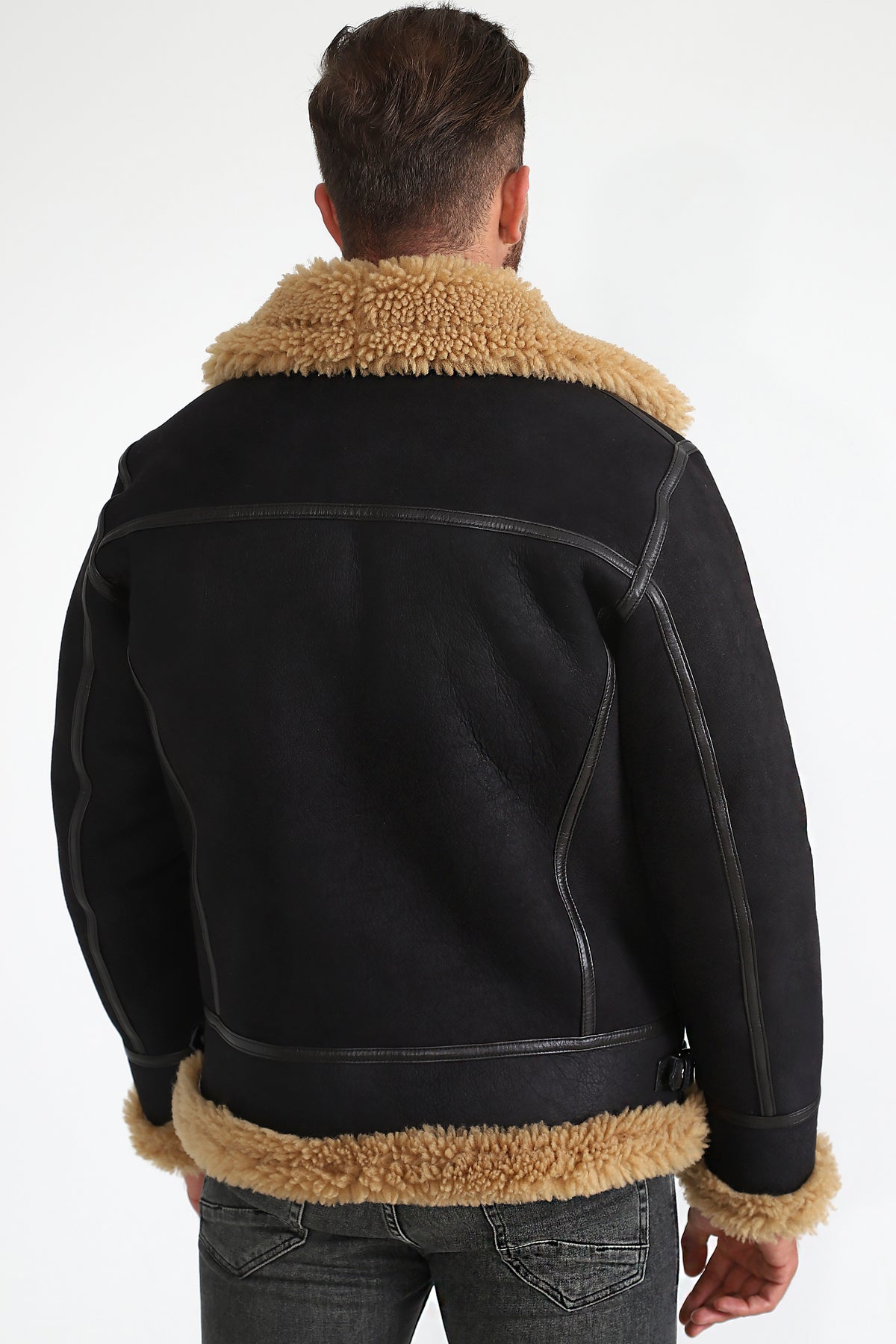 Men's Shearling Aviator Jacket, Washed Brown with Ginger Curly Wool