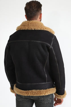 Image of Men's Shearling Aviator Jacket, Washed Brown with Ginger Curly Wool