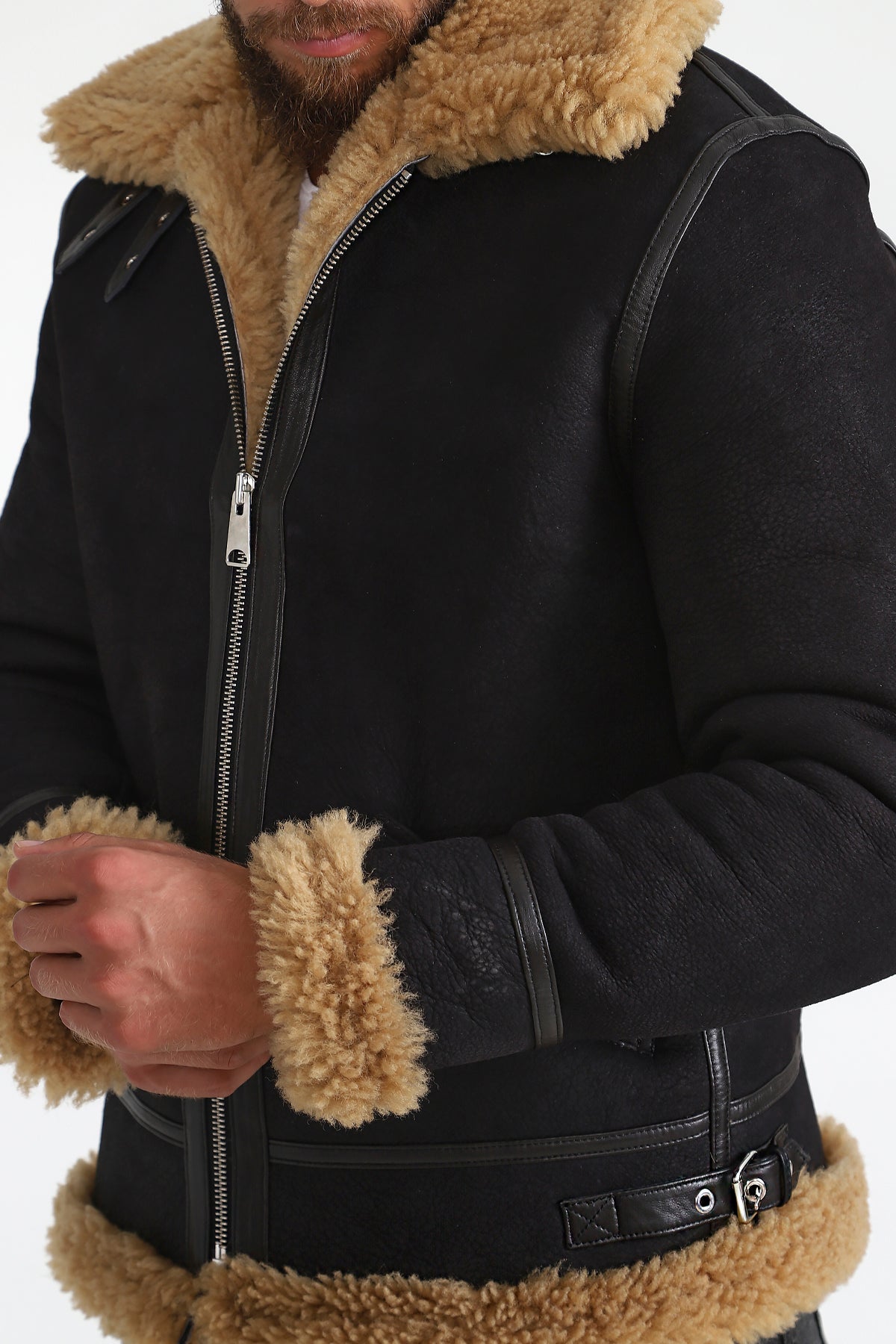 Men's Shearling Aviator Jacket, Washed Brown with Ginger Curly Wool