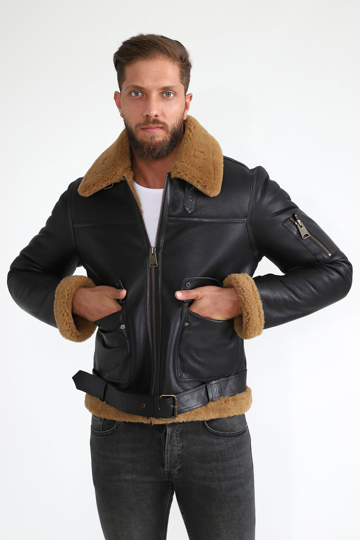 Men's Shearling Belted Pilot Jacket, Silky Brown with Ginger Curly Wool