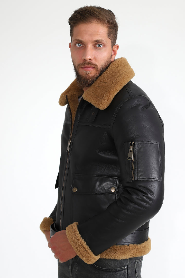 Men's Shearling Belted Pilot Jacket, Silky Brown with Ginger Curly Wool
