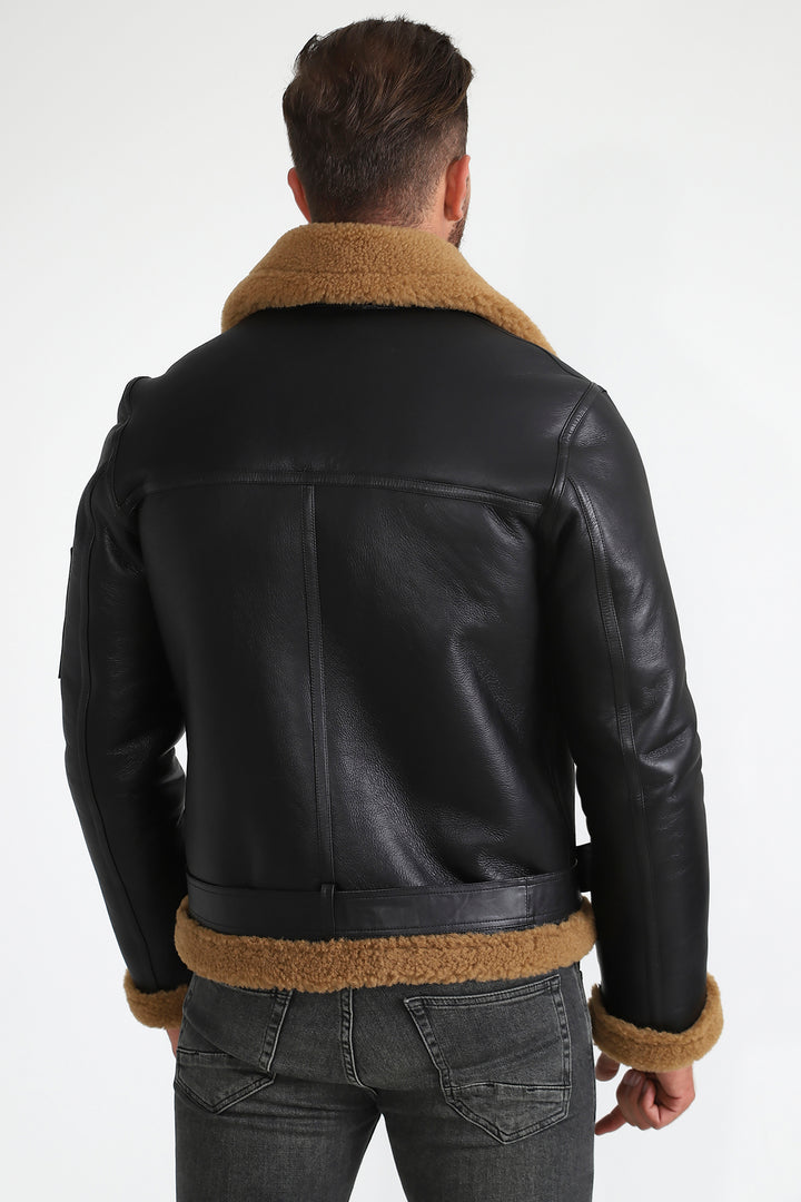 Men's Shearling Belted Pilot Jacket, Silky Brown with Ginger Curly Wool