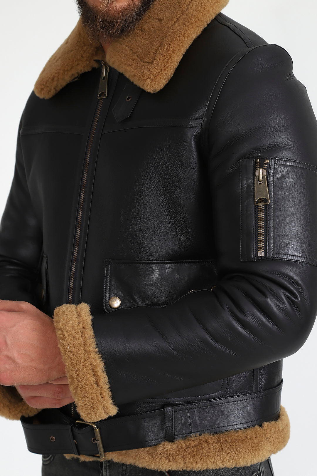 Men's Shearling Belted Pilot Jacket, Silky Brown with Ginger Curly Wool