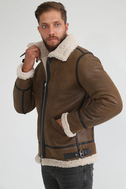 Image of Men's Shearling Aviator Jacket, Vintage Camel with Beige Curly Wool