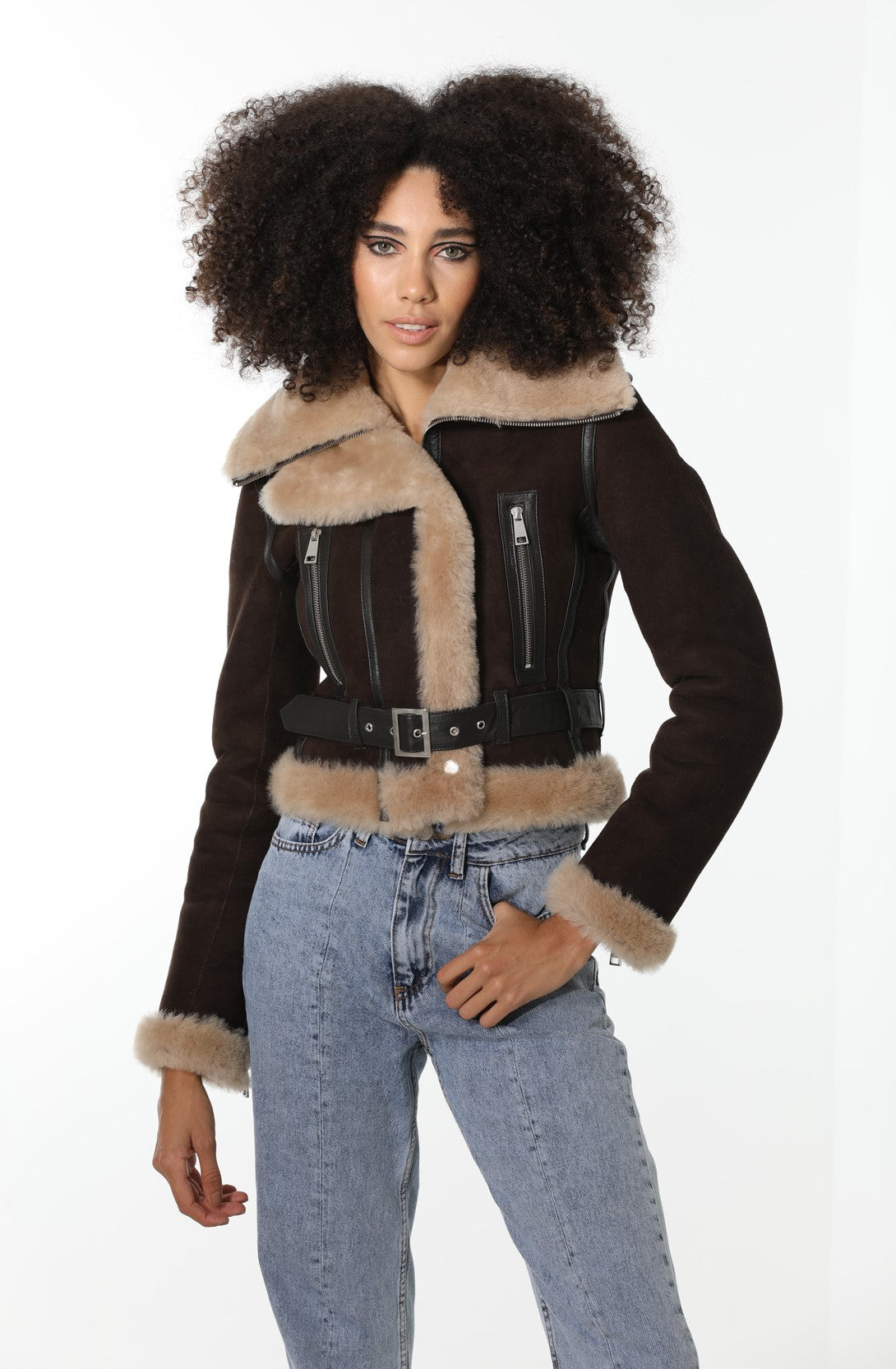 Women's Shearling Fashion Short Jacket, Brown Suede with Champagne Wool