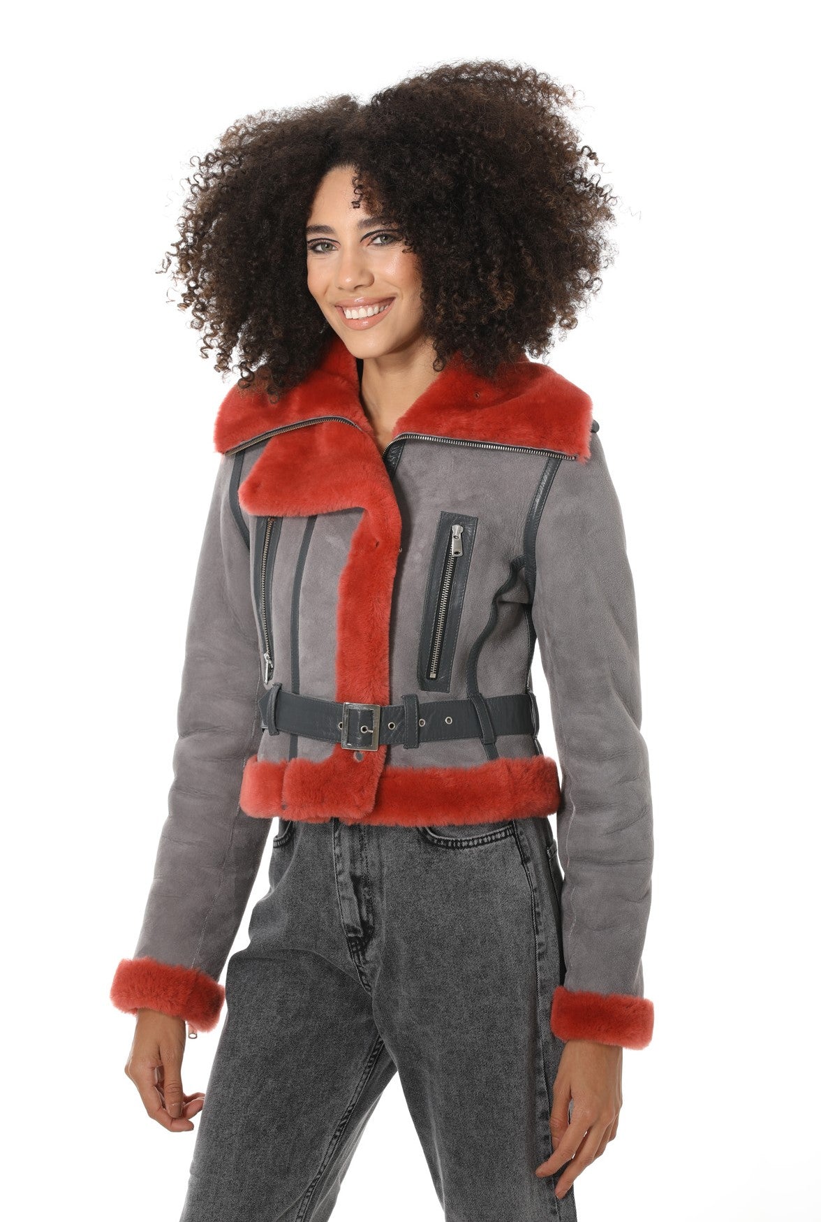 Women's Shearling Fashion Short Jacket, Grey Suede with Coral Wool