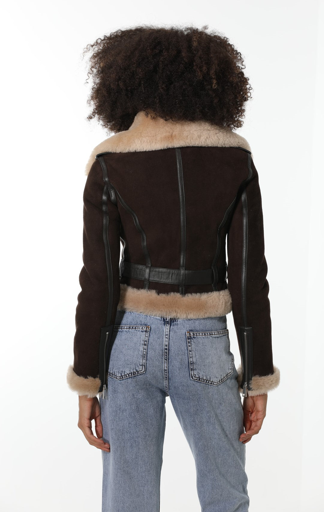 Women's Shearling Fashion Short Jacket, Brown Suede with Champagne Wool