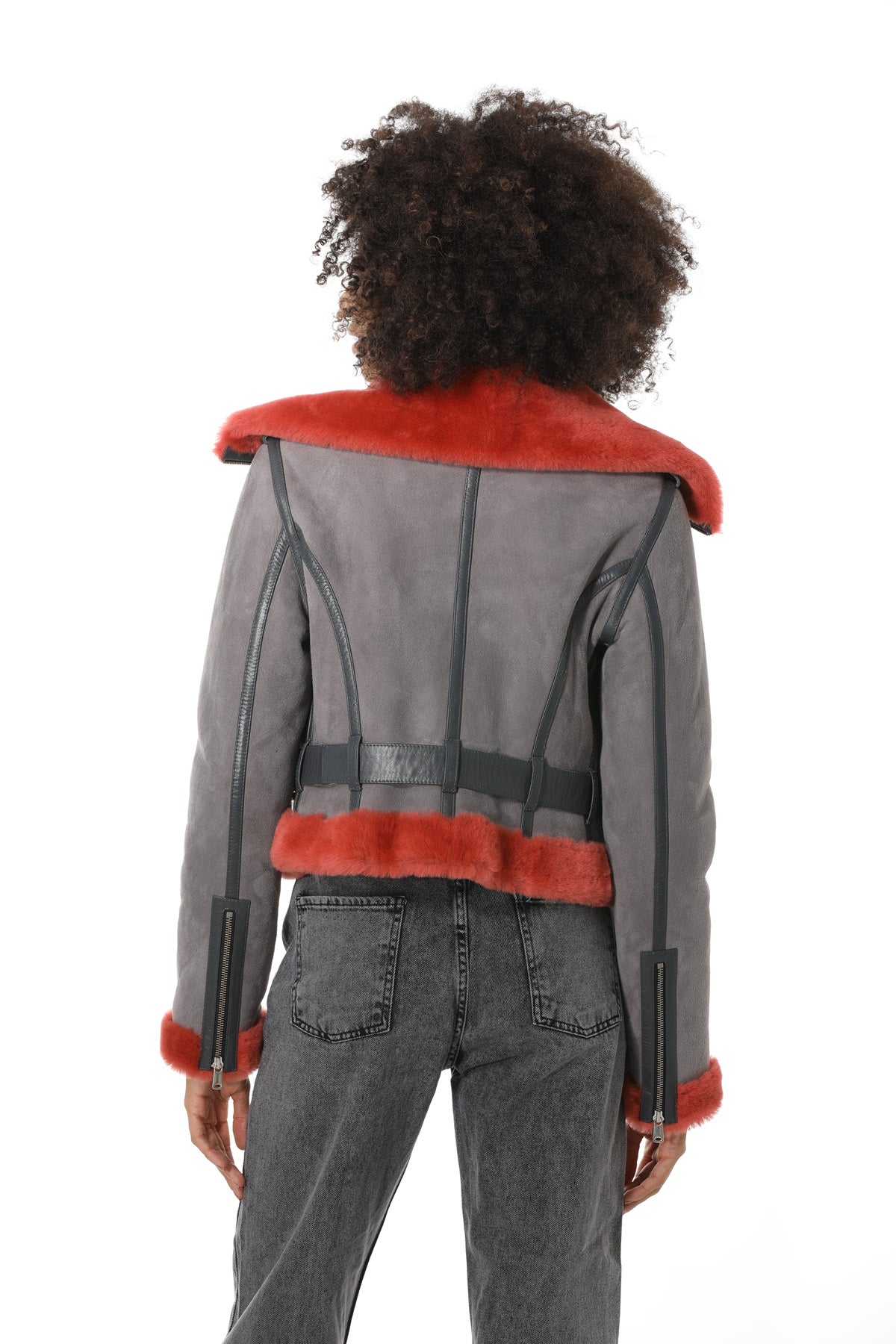 Women's Shearling Fashion Short Jacket, Grey Suede with Coral Wool