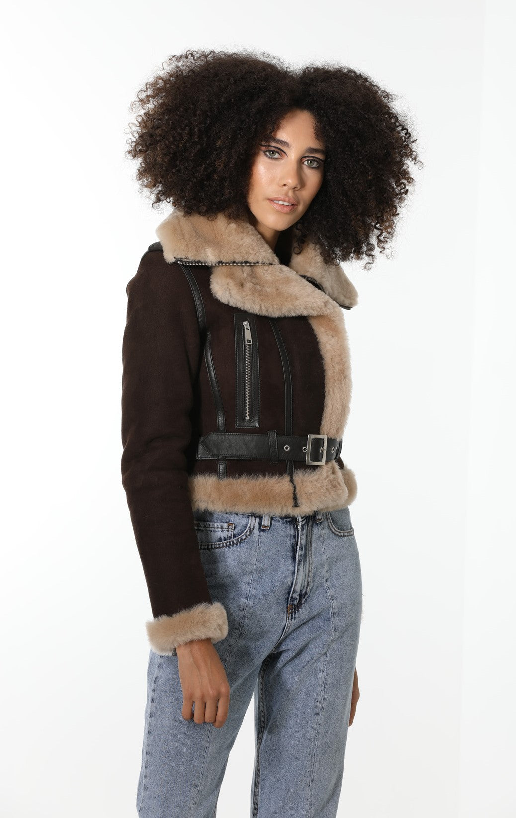 Women's Shearling Fashion Short Jacket, Brown Suede with Champagne Wool