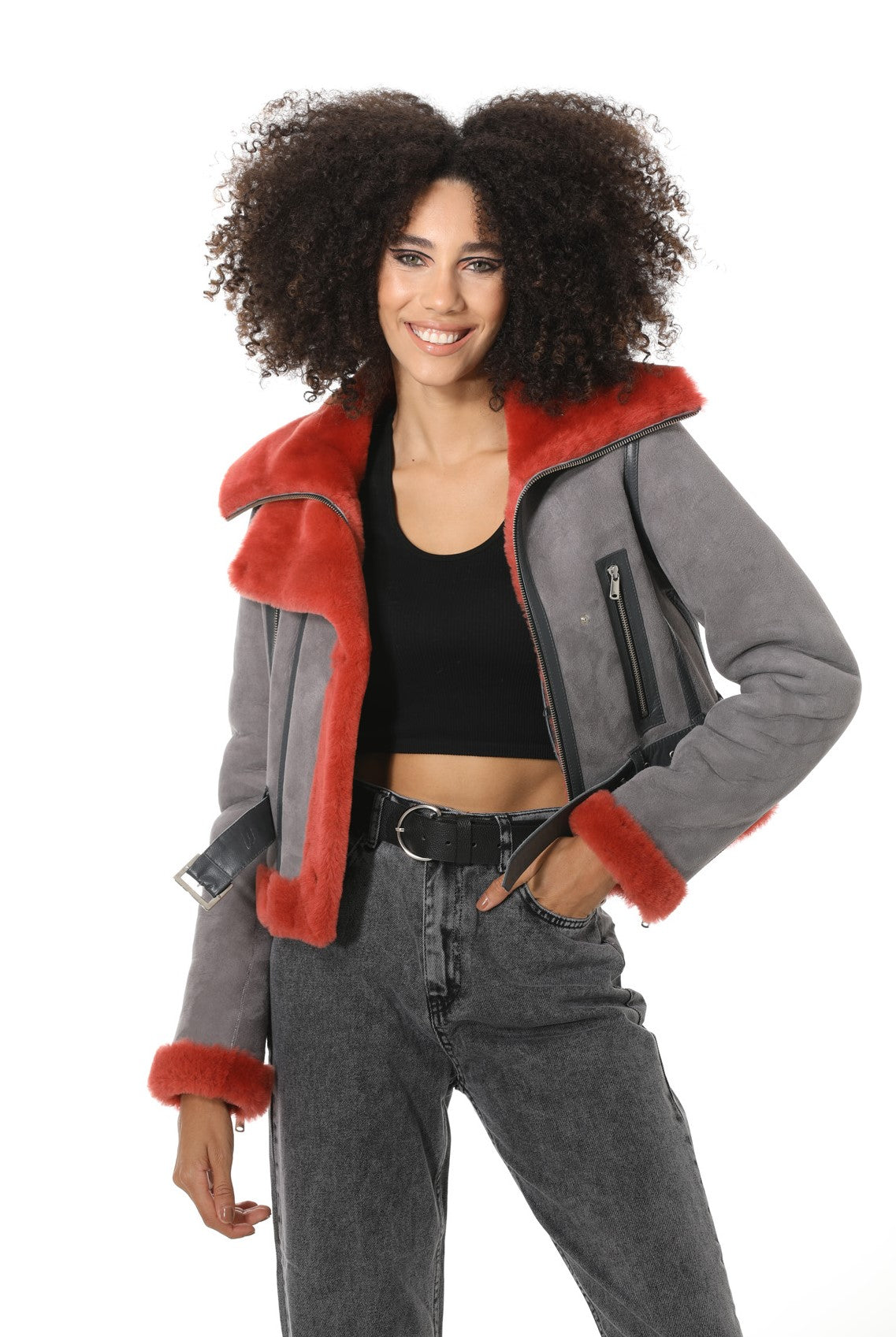 Women's Shearling Fashion Short Jacket, Grey Suede with Coral Wool