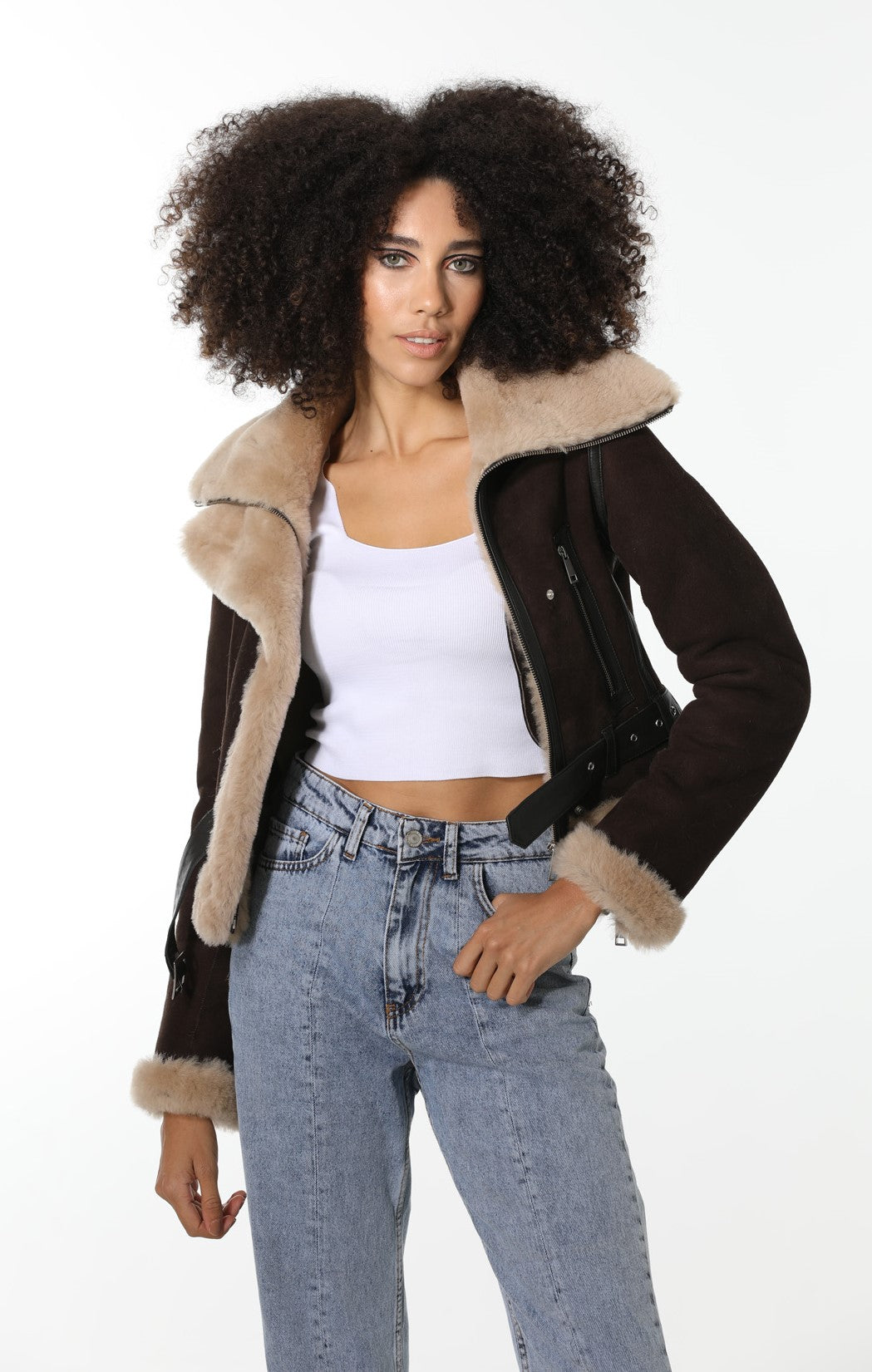 Women's Shearling Fashion Short Jacket, Brown Suede with Champagne Wool