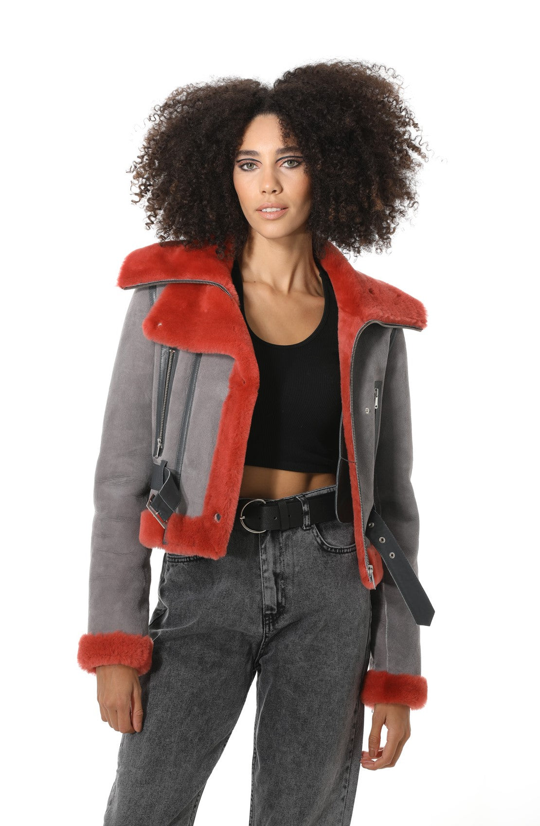 Women's Shearling Fashion Short Jacket, Grey Suede with Coral Wool