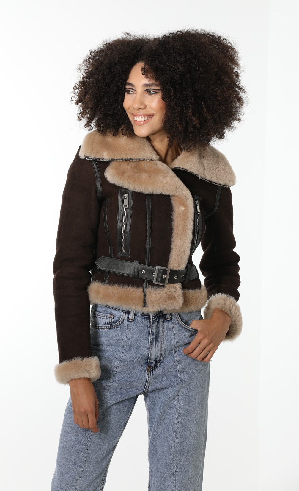 Women's Shearling Fashion Short Jacket, Brown Suede with Champagne Wool