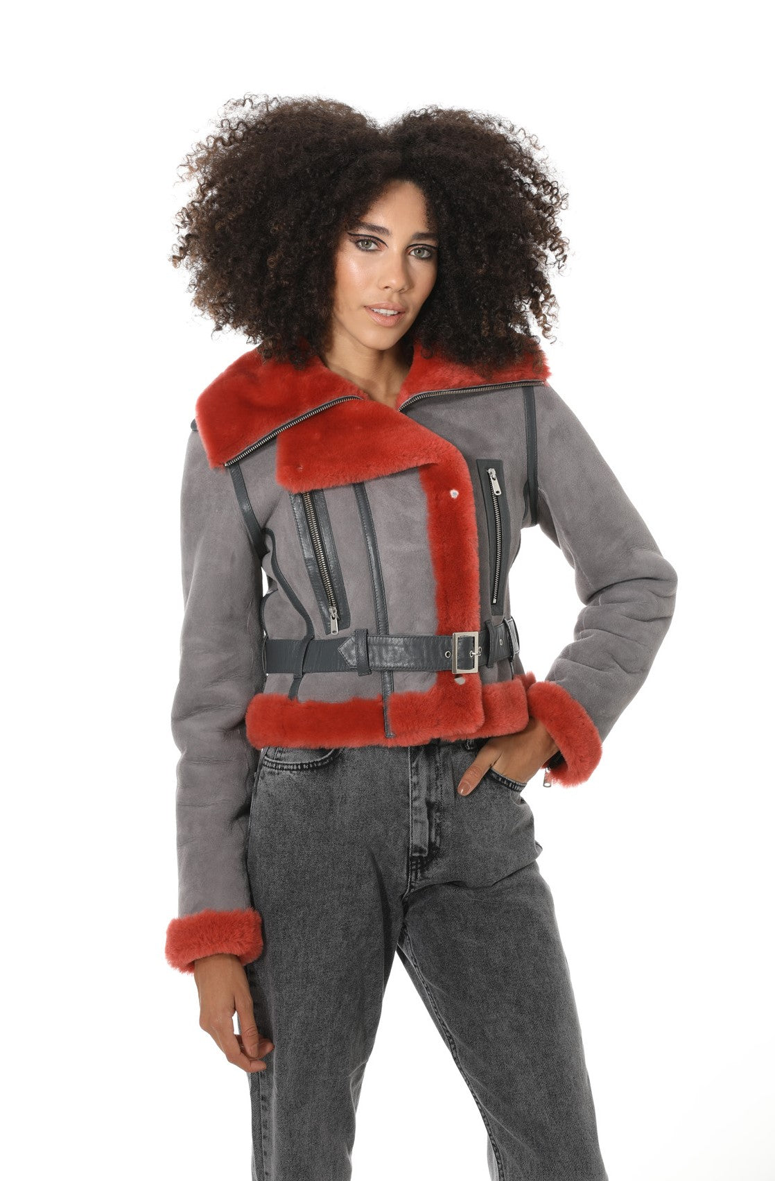 Women's Shearling Fashion Short Jacket, Grey Suede with Coral Wool