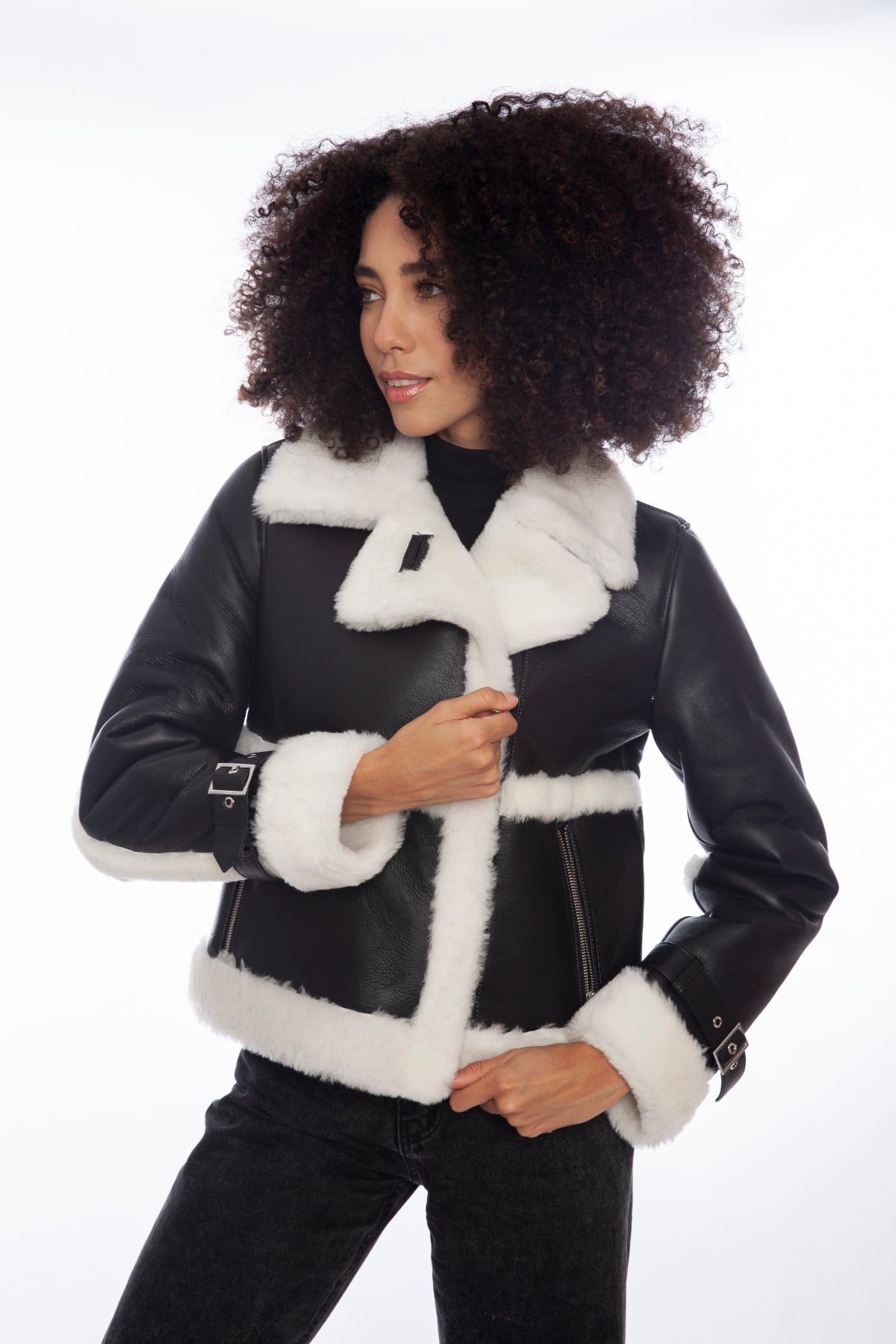 Women's Shearling Half Zipper Jacket, Silky Black with White Wool