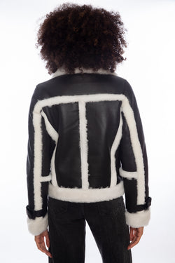 Image of Women's Shearling Half Zipper Jacket, Silky Black with White Wool