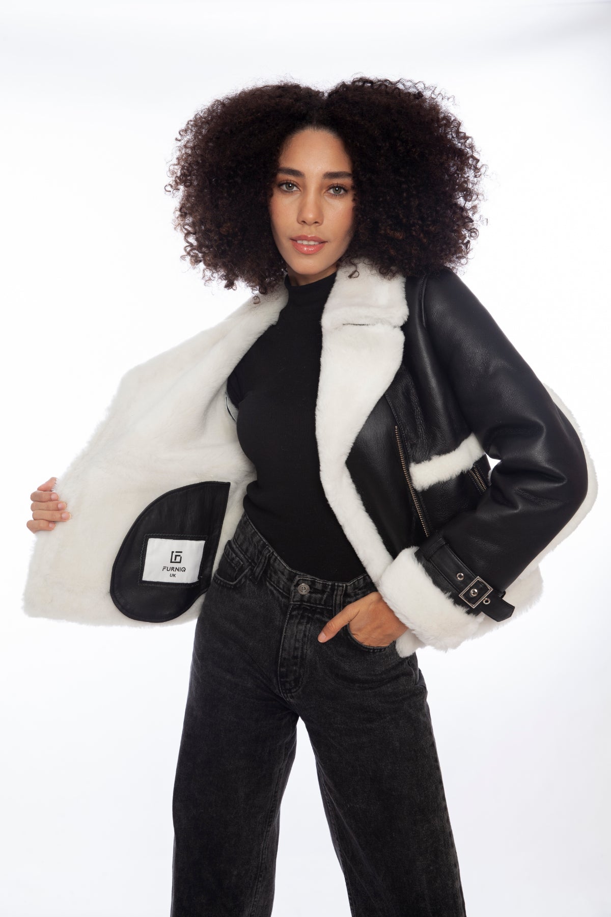 Women's Shearling Half Zipper Jacket, Silky Black with White Wool