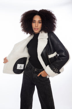 Image of Women's Shearling Half Zipper Jacket, Silky Black with White Wool