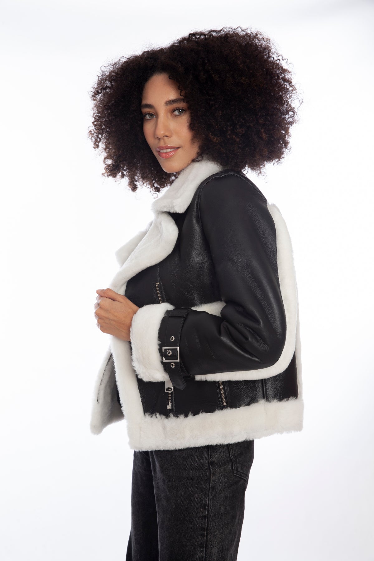 Women's Shearling Half Zipper Jacket, Silky Black with White Wool