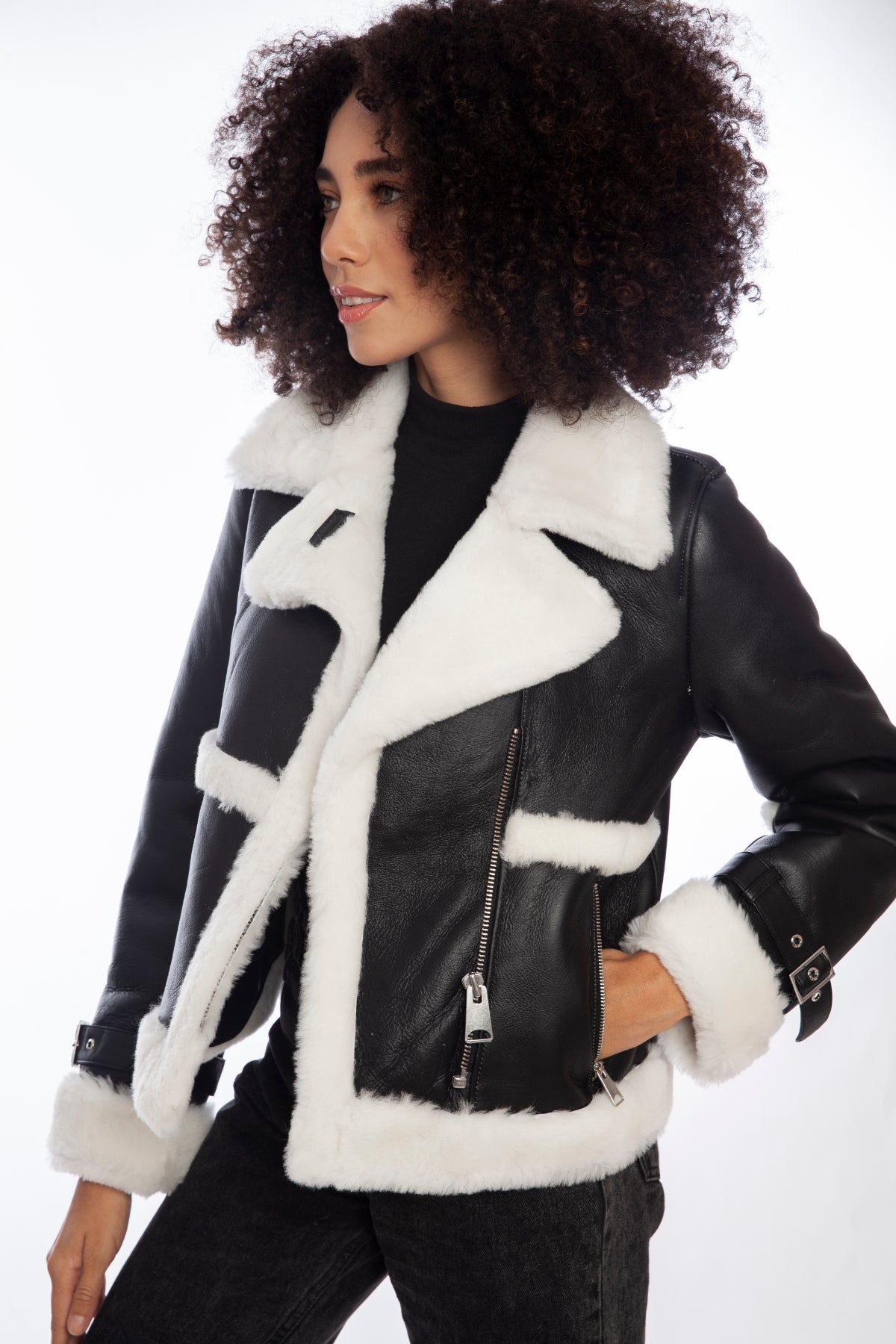 Women's Shearling Half Zipper Jacket, Silky Black with White Wool