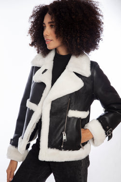 Image of Women's Shearling Half Zipper Jacket, Silky Black with White Wool