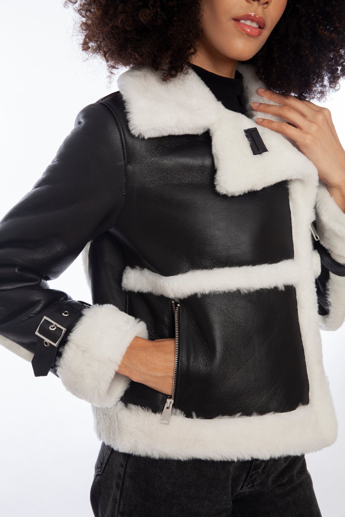 Women's Shearling Half Zipper Jacket, Silky Black with White Wool