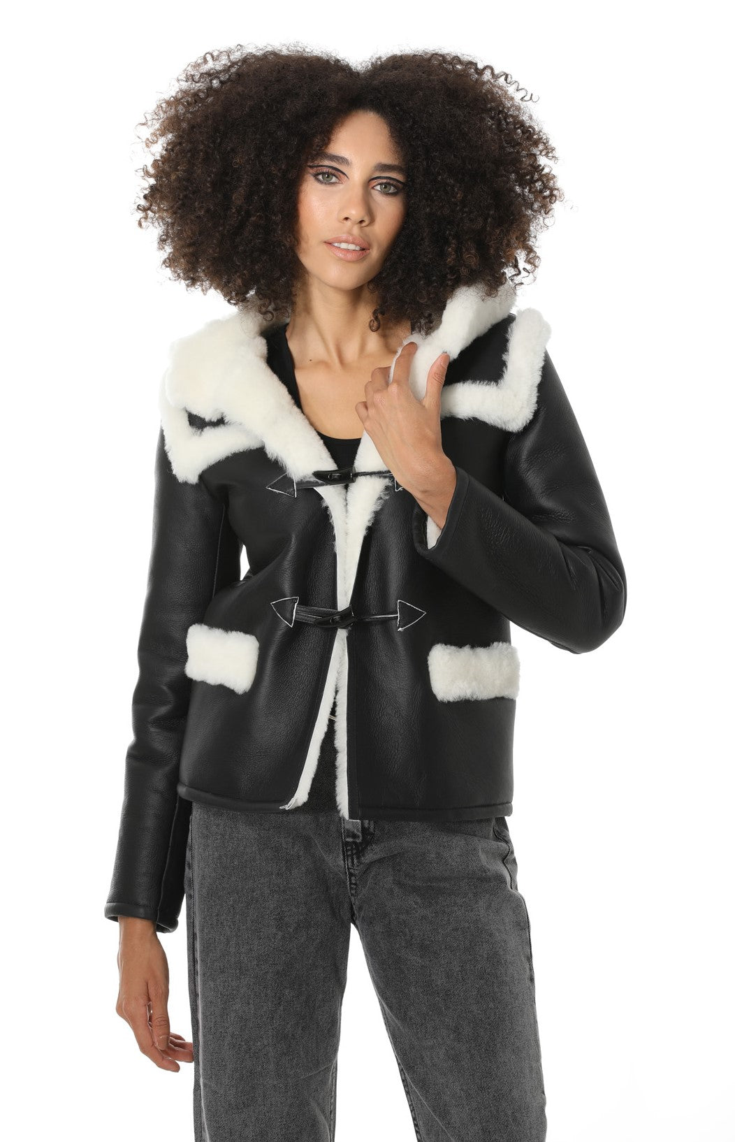 Women's Hoody Shearling Jacket, Silky Black with White Wool