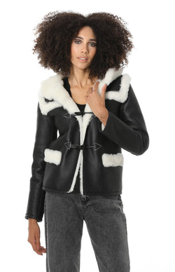 Image of Women's Hoody Shearling Jacket, Silky Black with White Wool