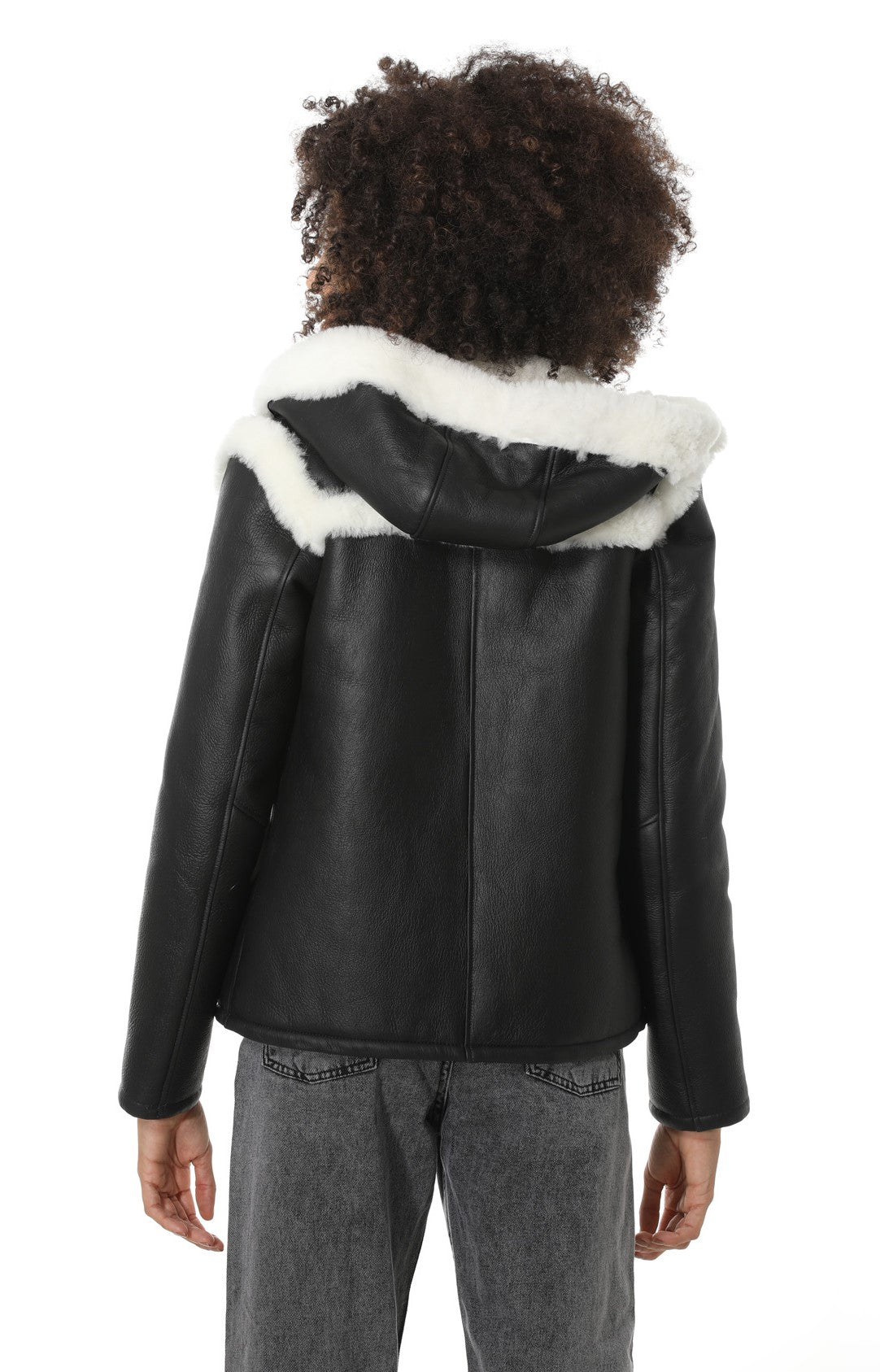 Women's Hoody Shearling Jacket, Silky Black with White Wool