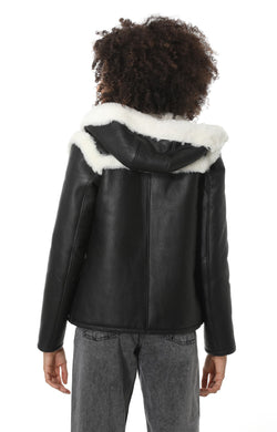 Image of Women's Hoody Shearling Jacket, Silky Black with White Wool