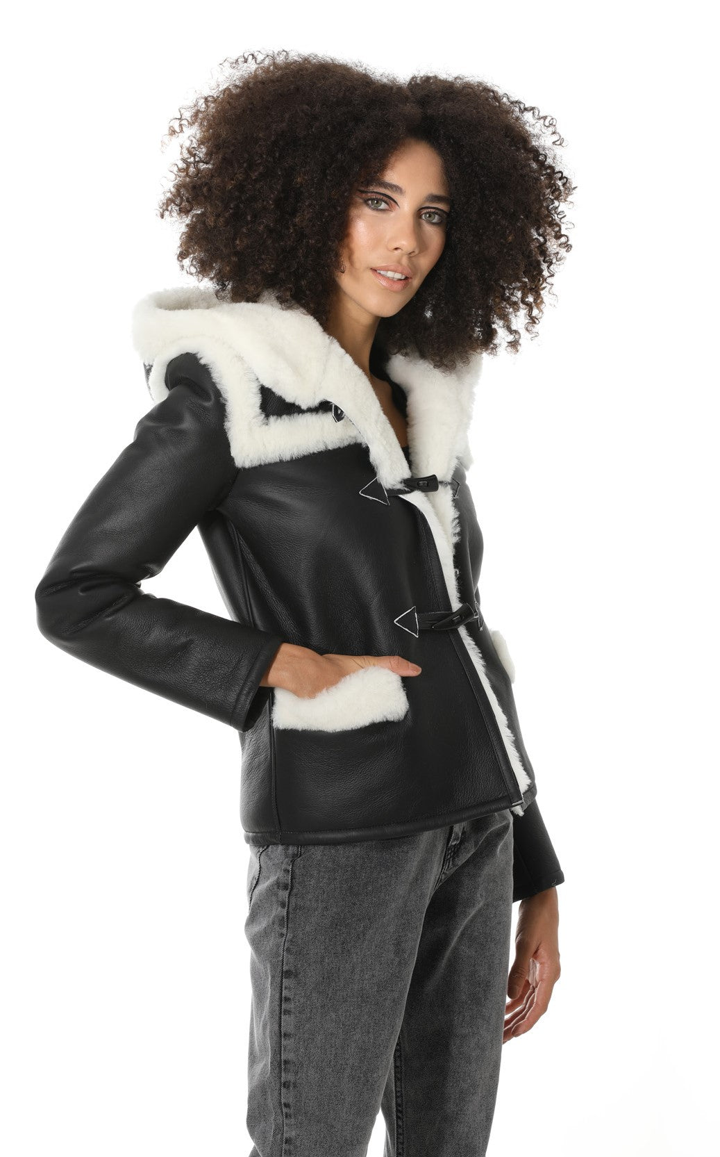 Women's Hoody Shearling Jacket, Silky Black with White Wool