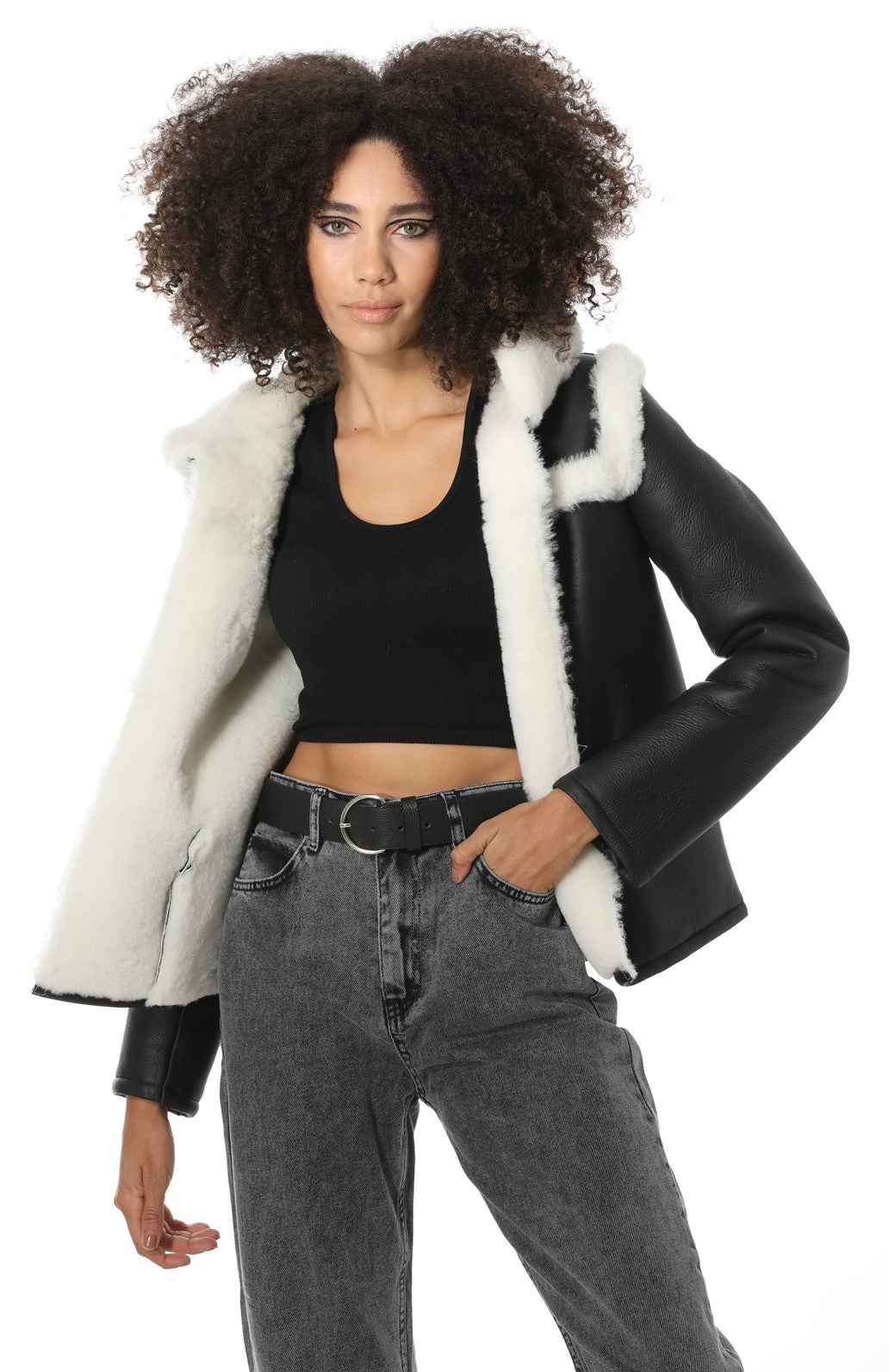 Women's Hoody Shearling Jacket, Silky Black with White Wool