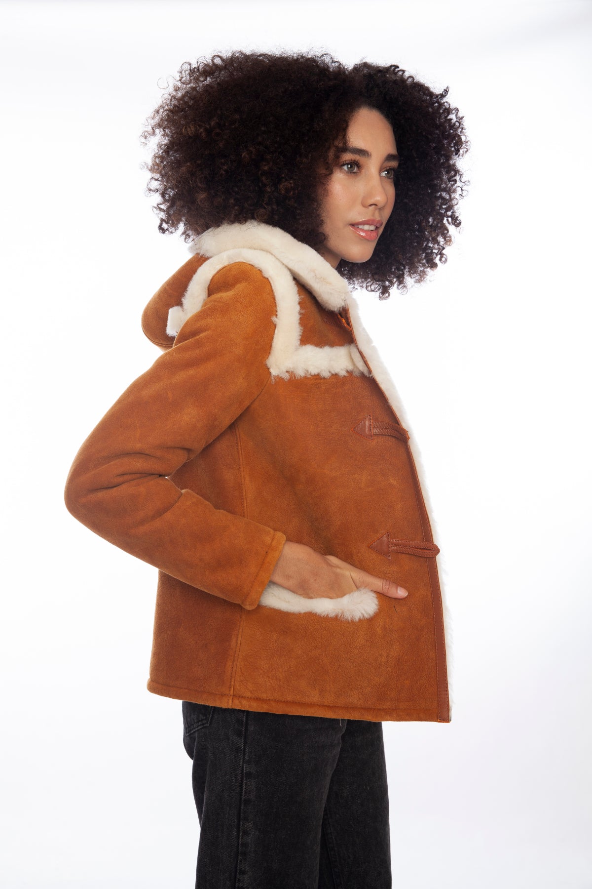 Women's Hoody Shearling Jacket, Washed Tan with White Wool