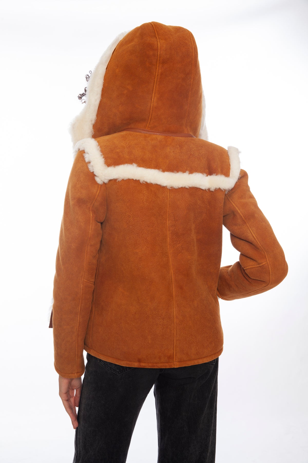 Women's Hoody Shearling Jacket, Washed Tan with White Wool