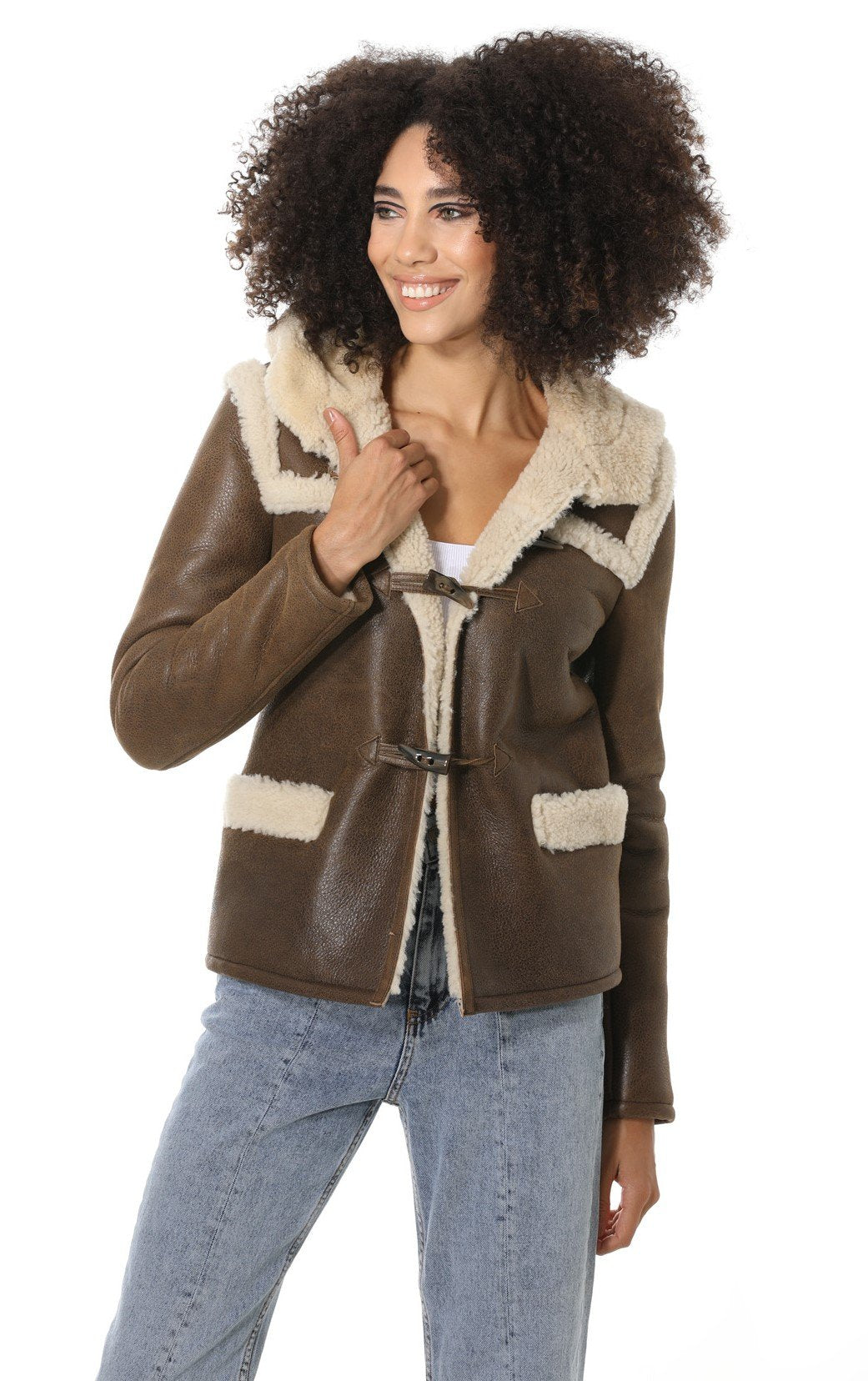 Women's Hoody Shearling Jacket, Vintage Nut with Beige Curly Wool