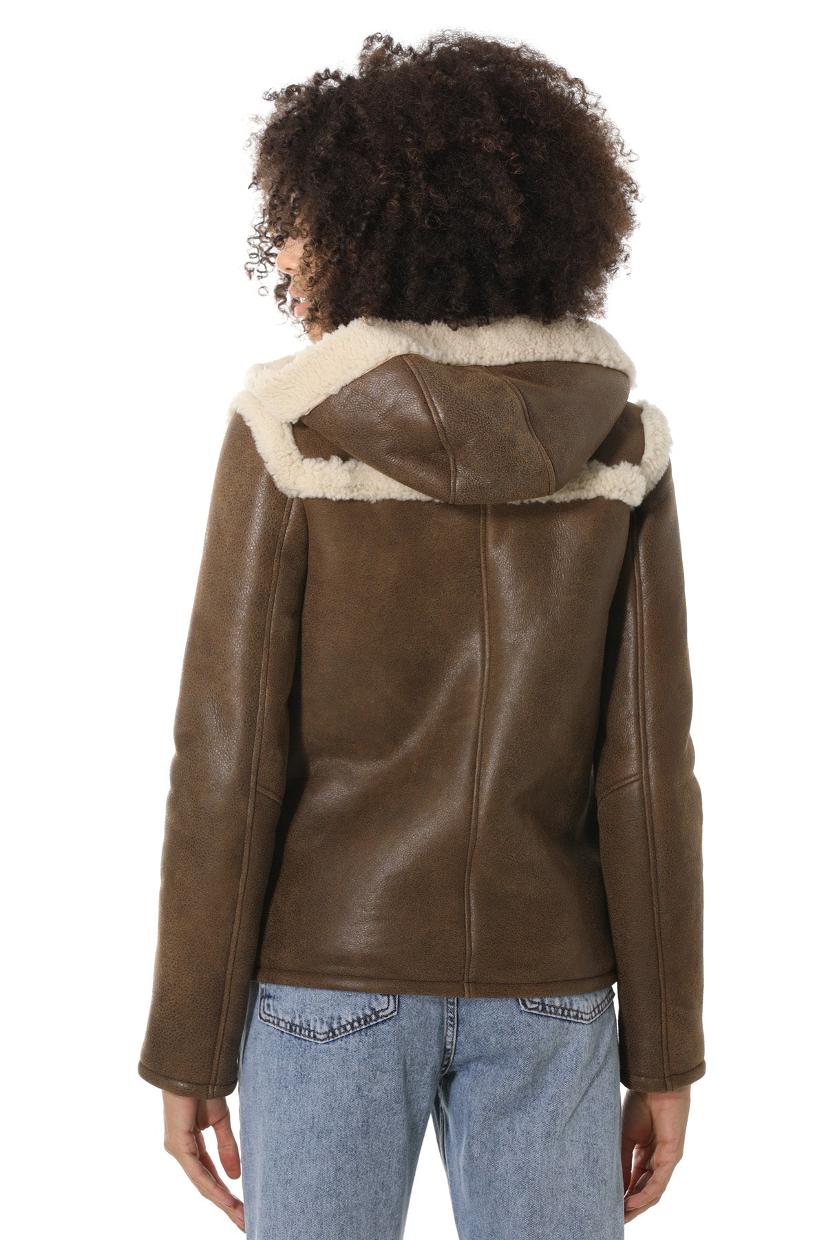 Women's Hoody Shearling Jacket, Vintage Nut with Beige Curly Wool