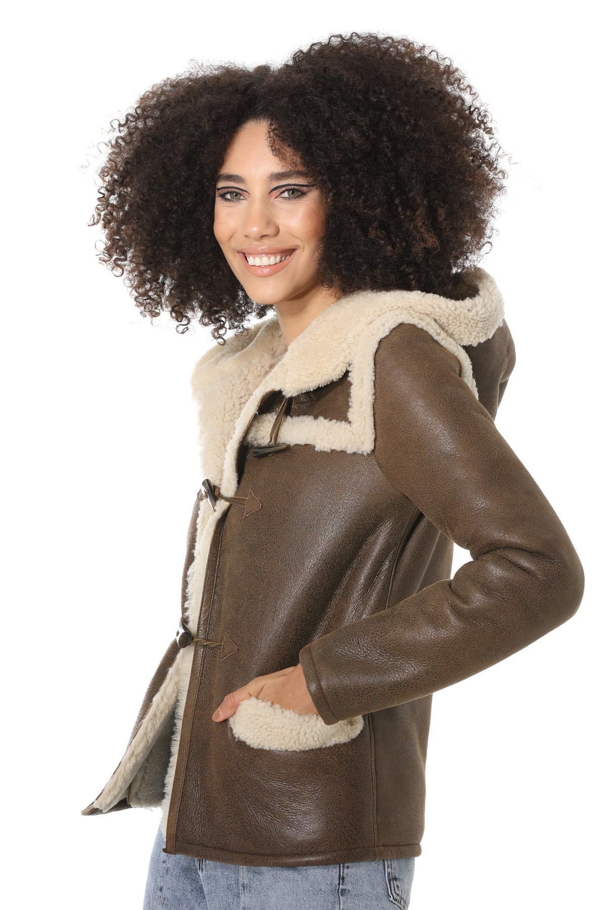 Women's Hoody Shearling Jacket, Vintage Nut with Beige Curly Wool