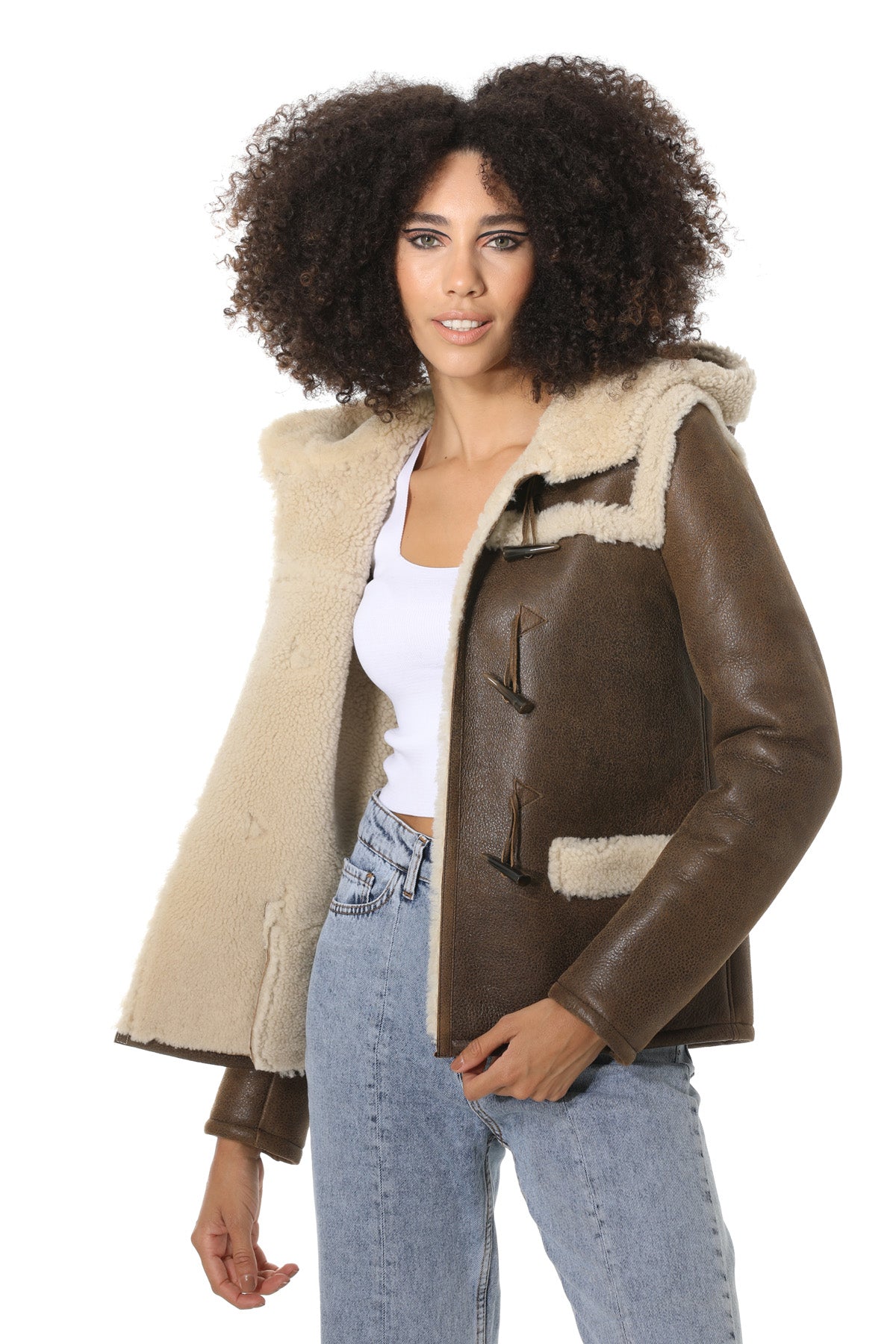 Women's Hoody Shearling Jacket, Vintage Nut with Beige Curly Wool