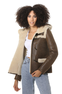 Image of Women's Hoody Shearling Jacket, Vintage Nut with Beige Curly Wool