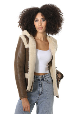 Image of Women's Hoody Shearling Jacket, Vintage Nut with Beige Curly Wool